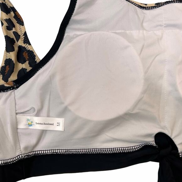 Beachsissi Black Tan Leopard Print Front Knot Bathing Suit Tank Top - Picture 4 of 6